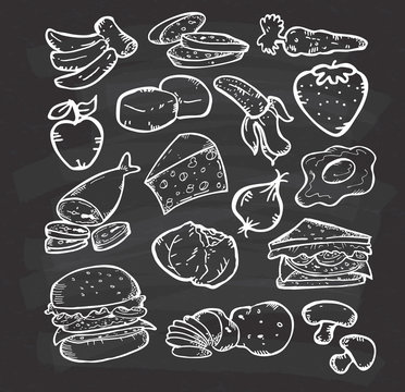 Set of hand drawn healthy food on chalkboard background