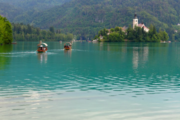 Fototapeta na wymiar Boatы on Lake Bled