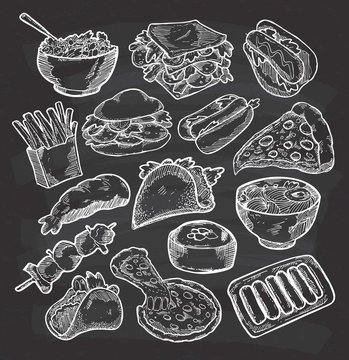 Set of various food in sketchy style on chalkboard background
