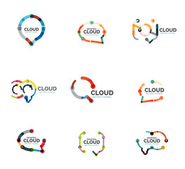 Set of flat linear design speech cloud logos. Talk bubbles, modern geometric industrial thin line icons