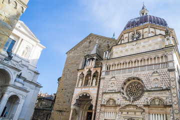 Obraz premium Scene of the Piazza Vecchia, with locals and tourists, in Bergamo, Lombardy, Italy. 22.04.2015 
