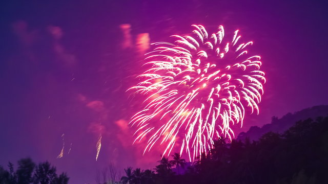 4K TimeLapse. New Year's fireworks over the palm trees in the tropics in Phuket