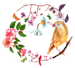 Fototapeta premium Vintage style watercolor ornament with bird, flowers, and butterflies