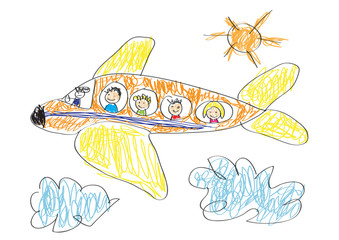 Vector drawing made by a child, happy family that goes on vacati