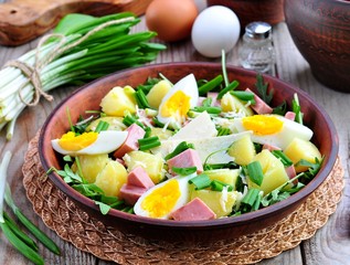 Salad of wild garlic with boiled potatoes, eggs, ham, parmesan and arugula