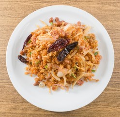 Top View of Thai Fermented Pork Salad with Crispy Rice