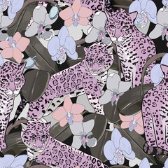 Naklejka premium Seamless pattern of exotic flower orchid and jaguar