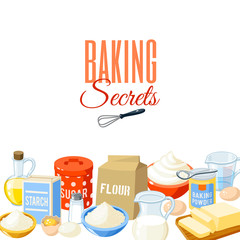 Background with cartoon food: baking ingredients - flour, eggs, oil, water, butter, starch, salt, whipped cream, milk, sugar. Vector illustration, isolated on white, eps 10.