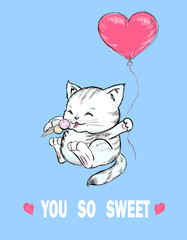 cute kitten with balloon and ice cream, you so sweet,vector card