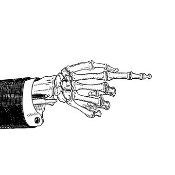 Scary skeleton hand pointing, hand-drawn sketch, black and white, isolated on white. Vector illustration, eps10.