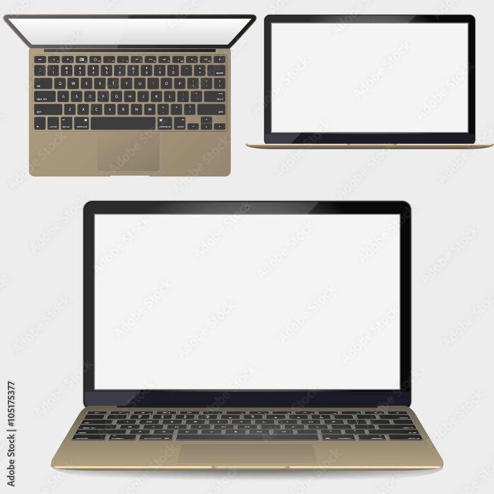Poster vector realistic gold laptop in front and top view. set
