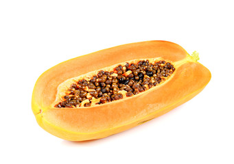 Papaya cut half on white background.
