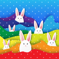 Origami Colorful Rainbow Greeting card with Happy Easter - with white Easter rabbit. Spring Funny Bunny with rainbow. Easter Bunny. Easter Egg