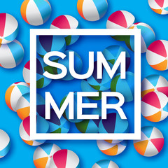 Realistic Blue Beach Balls - Rubber or Plastic Material.  Background with Summer Title and Square Frame in center on blue background.  Vector Illustration