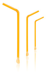 Three yellow straws with spoon isolated on white