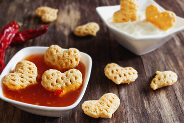 Spicy snacks  in the form of hearts