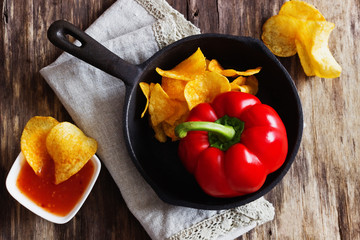 Potato chips and chili sauce