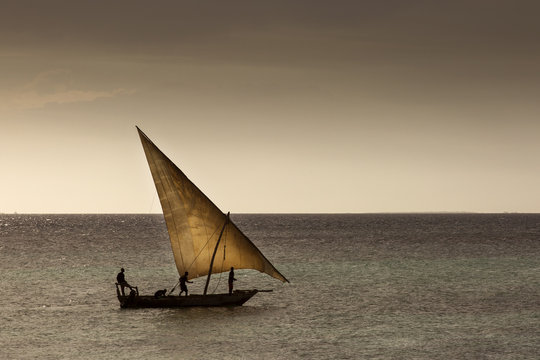 Dhow wooden fisher boat on the Indian Ocean near Zanzibar, Tanza
