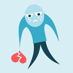 Simple vector illustration of character  - Sad man cries and holds broken heart in hand after breakup