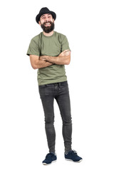 Carefree spontaneous laughing hipster with crossed arms. Full body length portrait isolated over...