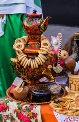 Shrovetide at Russia. Maslenitsa, meal,pancakes, bagels, samovar