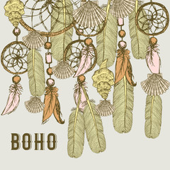 Boho background with feathers and shells - 105182786