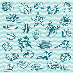 collection of seashells, crabs and fish on blue background