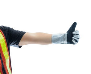 Closeup of male hand in protective gloves and showing thumbs up