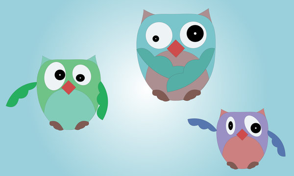 Illustrated set of owls on blue gradient background with various body shapes
