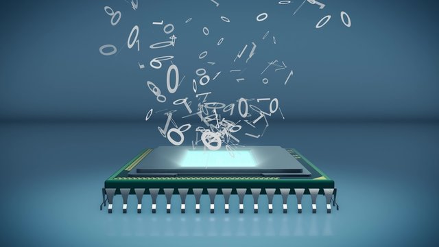 closeup view on a cpu with numbers zero and one flowing from the inside (3d render)