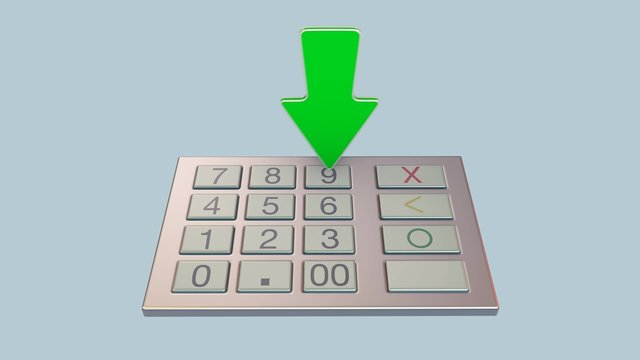 front view of an atm keypad with a green arrow that presses the keys and enters the code (3d render)