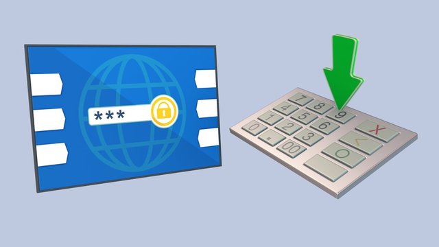 atm keypad and screen with a green arrow that presses the keys and enters the code (3d render)