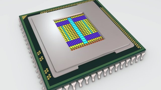 zoom on a cpu  and view on its internal core (3d render)