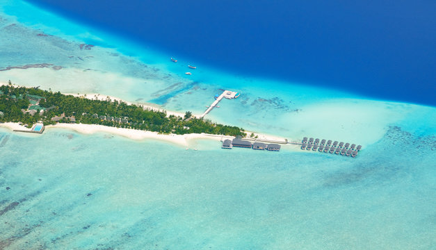 Aerial view on Maldives island, Raa atol