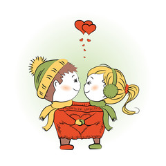 Loving couple together in a single jacket, Valentine's Day greet