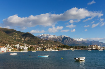 Fototapeta na wymiar View of Tivat city from the sea in winter. Montenegro