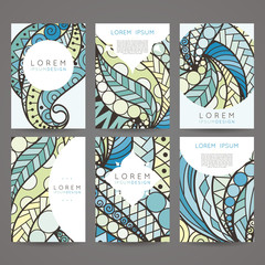 Set of vector design templates. Brochures in random colorful style. Vintage frames and backgrounds.