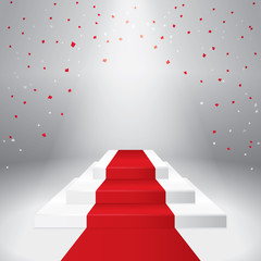 Fototapeta premium Illuminated stage podium with confetti and red carpet. Vector illustration