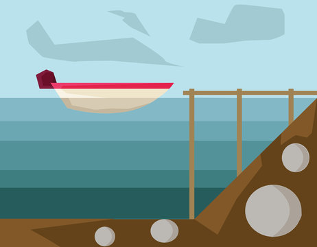 Seascape. Beige Motorboat on Water in a Harbor. Powerboat Coat Guard. Digital background vector illustration.