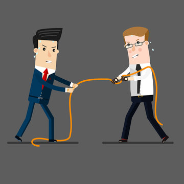 Two Businessmen In A Tug Of War Battle, For Leadership Or Business Competition.  Business Concept Cartoon Illustration 