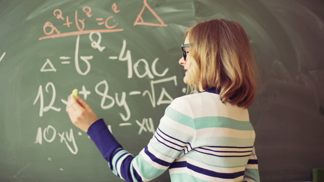 Math teacher standing in the class and explaining calculations
