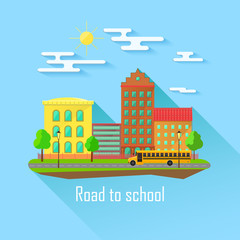 Naklejka premium School building, bus and front yard with students children. Flat style vector illustration