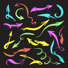 Isolated grunge hand drawn neon arrows set.