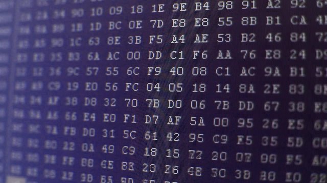 Hexadecimal computer code scrolling on a screen 