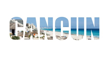 The inscription on the Cancun beach view in the background.