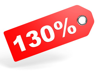 130 percent red discount tag on white background.