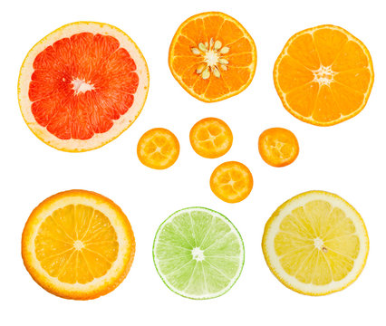 Set of fresh citrus slices isolated on white background.