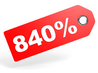 840 percent red discount tag on white background.