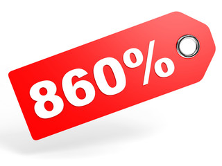 860 percent red discount tag on white background.