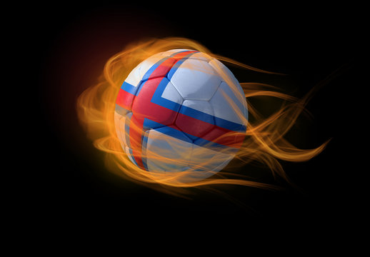 Soccer ball with the national flag of Faroe Islands, making a flame.